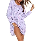ENJOYNIGHT Women's Cotton Sleepwear Long Sleeves Nightgown Print Tee Sleep Dress