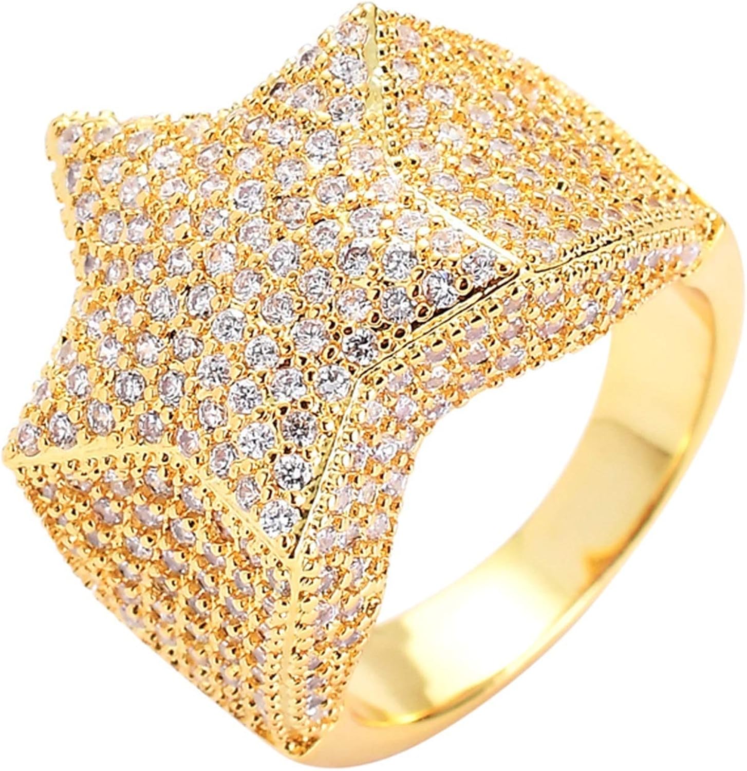 HxzcA Men's FivePointed Star Diamond Ring, 18K GoldPlated Hiphop