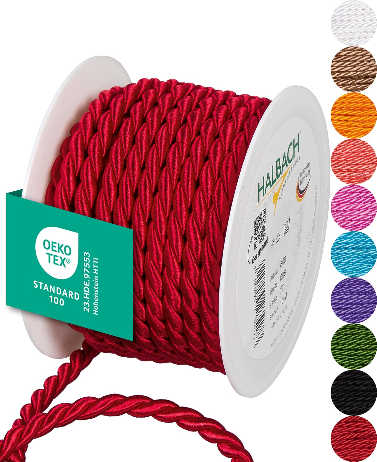 Halbach Seidenbänder Premium Cord (Red) | Width 8 mm Length 10 m | Made in Germany & Oeko-Tex Certified | Shiny Satin Cord Made of Acetate