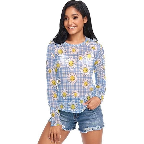 Women's Long Sleeve Mesh Top Red Cherry White Bow Checkered