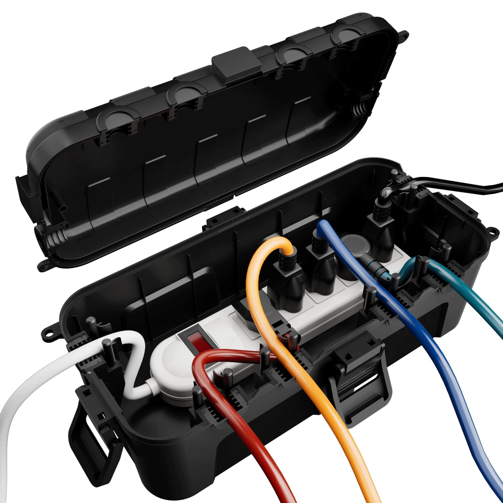 Photo 1 of Flemoon Medium Outdoor Electrical Box (11.5x5.2x4 inch), IP54 Waterproof Extension Cord Cover w/6 Cable Entry Ports, Weatherproof Connection Box for Power Strip, Timer, Plug, Holiday Lights, Black