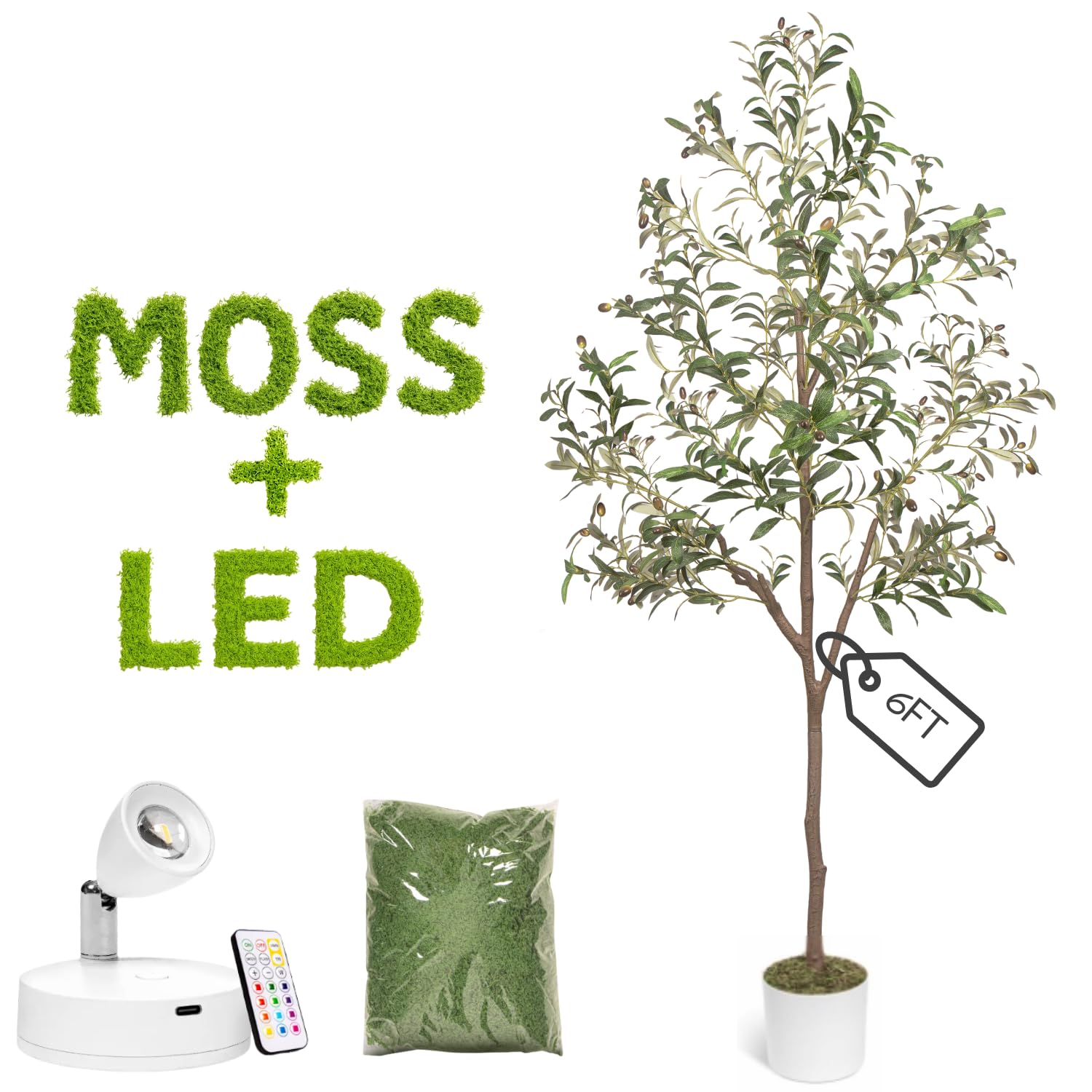 Photo 1 of ***MISSING PARTS****Olive Trees Artificial Indoor 6FT Tree with Rechargeable LED Spotlight, Decorative Moss & Weighted Pot – Tall Realistic Olive Plant for Home, Office, or Event Décor (6FT)