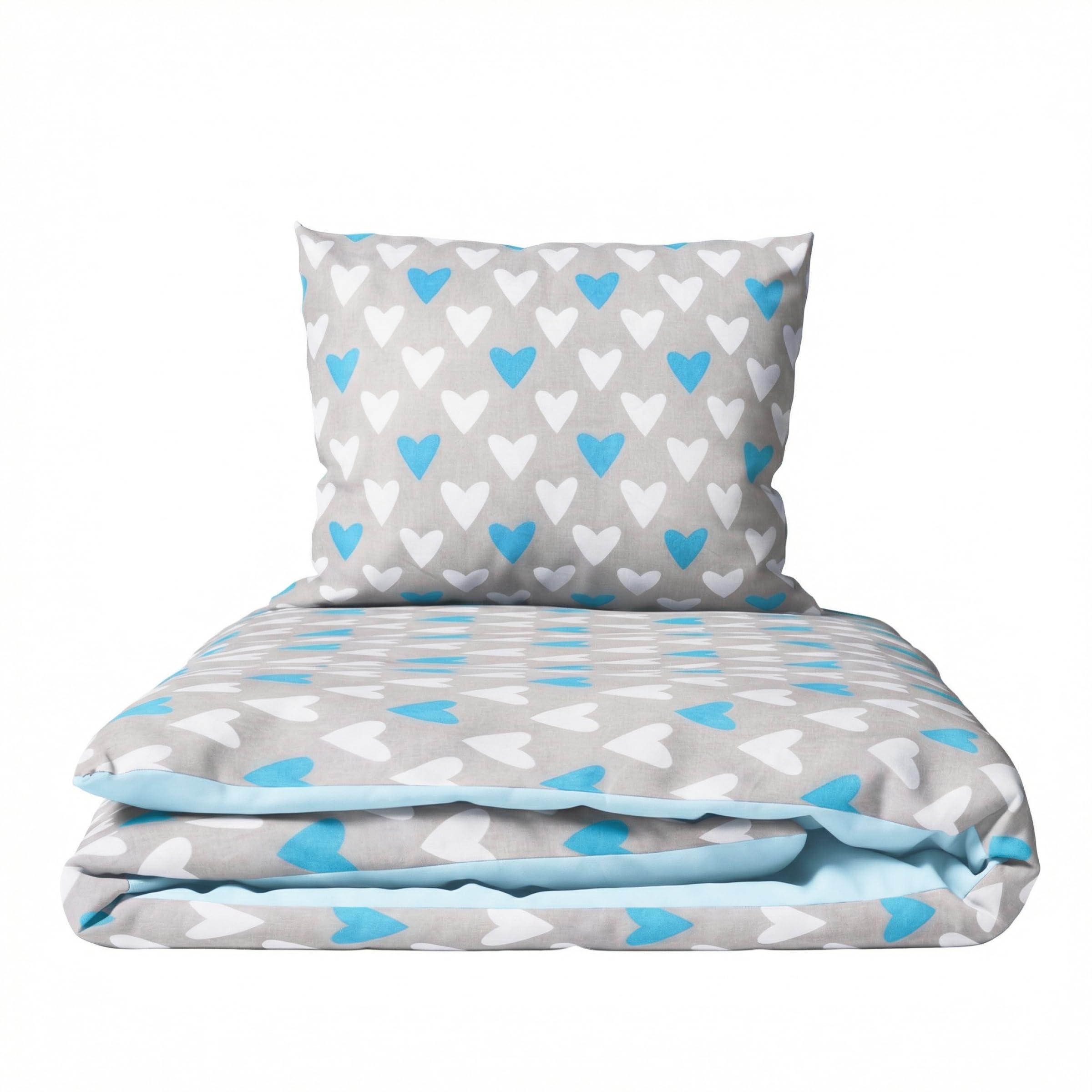 Baby Comfort 2-Piece Toddler Duvet & Pillow Set - 120x90 cm - 100% Cotton Breathable Fabric - Machine Washable Quilted Bedding for Cot Bed 12M+ (Blue Hearts)