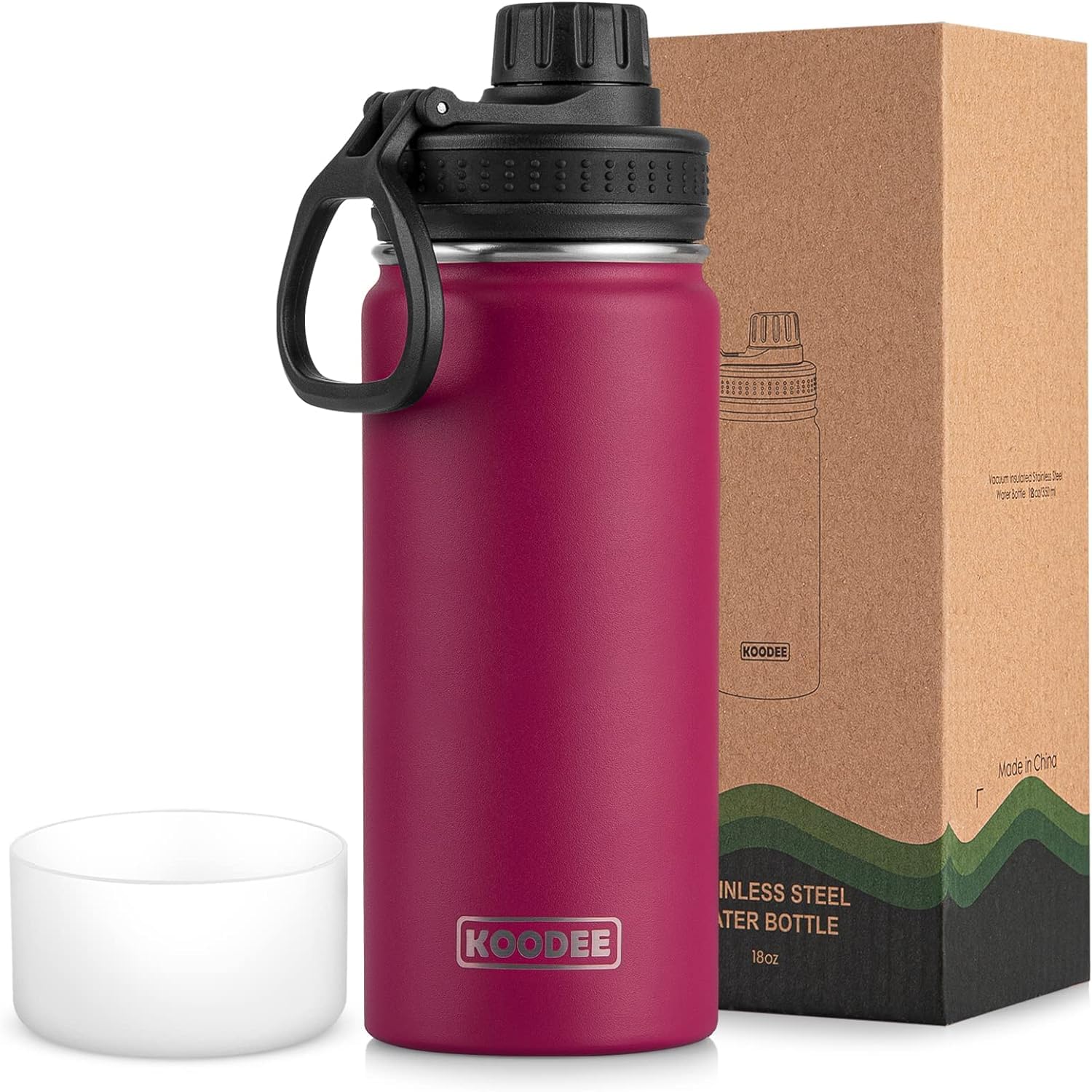Photo 1 of koodee Insulated Water Bottle, 18 oz Stainless Steel Double Wall Vacuum Wide Mouth Sport Bottle with Leakproof Spout Lid (Fuchsia Red)