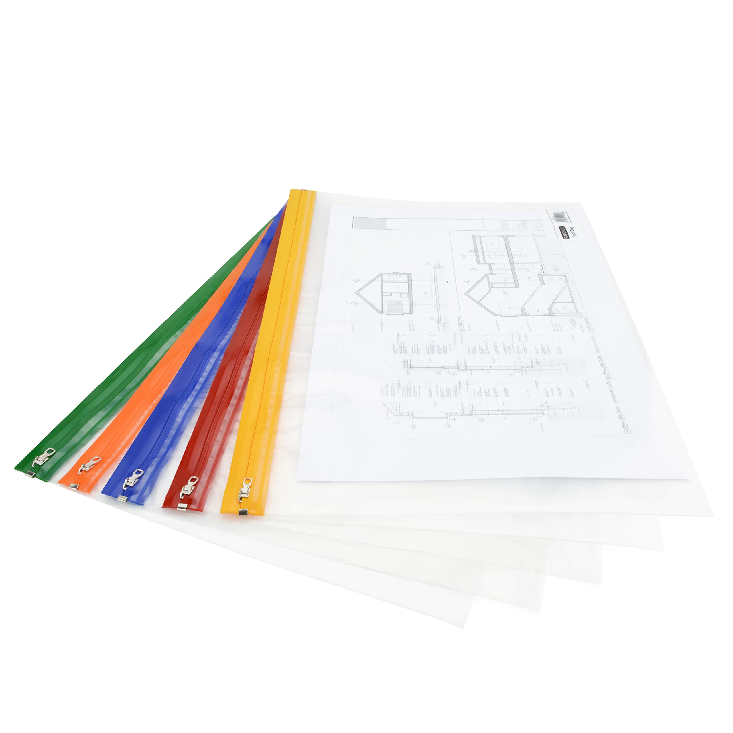 Rapesco 1507 Plastic Wallet Zip Folder, Metal Zip, A3, Transparent with Assorted Coloured Strips, Pack of 5