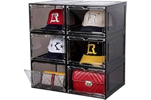 Attelite Hat Organizer for Baseball Caps, set of 6, Stackable Hat Storage Box With Transparent Magnetic Door, Hat Rack, Easy to Assemble Stylish Display(Clear Black)