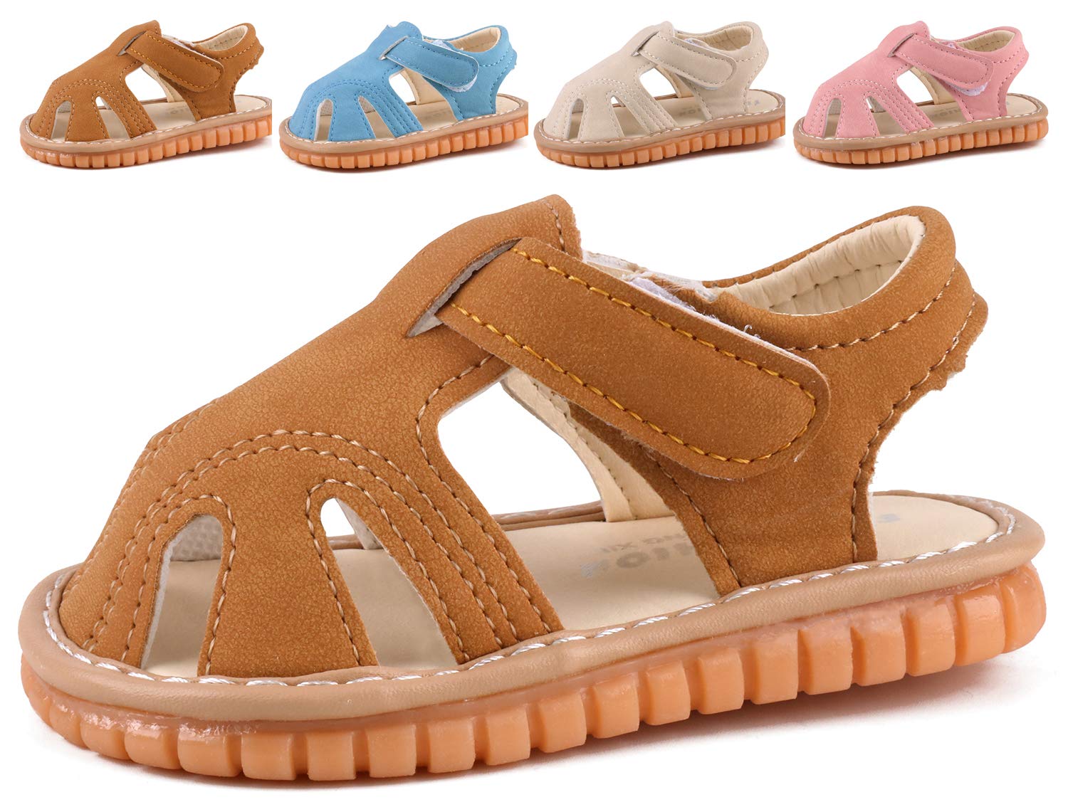 Photo 1 of CINDEAR Boys Girls Summer Squeaky Sandals Closed-Toe Anti-Slip Premium Rubber Sole Toddler First Walkers Shoes Camel (Foot length 12.5cm/4.9in) 1301-CL18