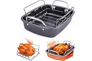 FIMARY 24lb Carbon Steel Nonstick Roasting Pan with Rack - BPA Free, Leak-Proof, 450°F Heat Resistant (17x13x4in) | Oil-Draining, Dishwasher Safe for Thanksgiving Christmas Turkey