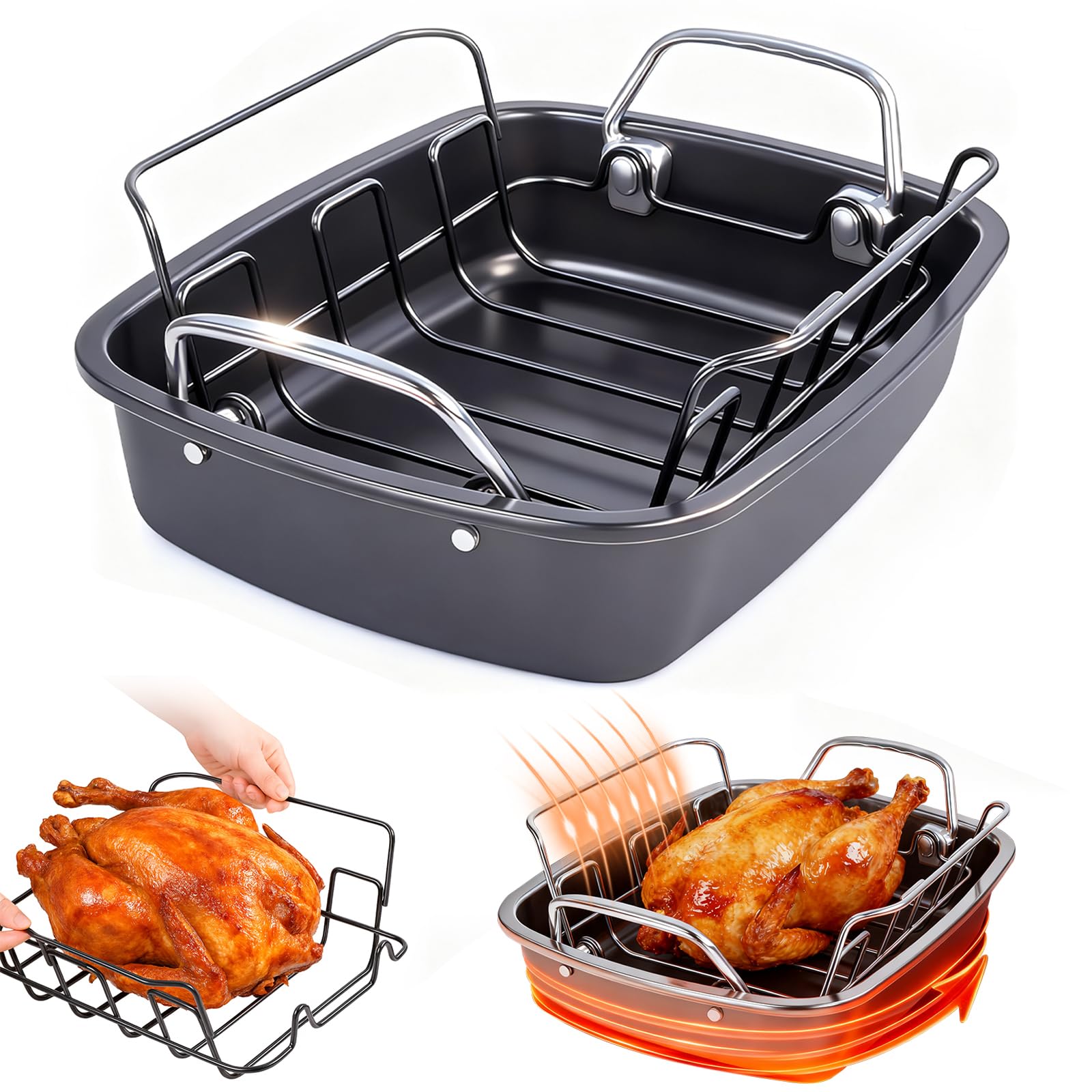 Photo 1 of 24lb Carbon Steel Nonstick Roasting Pan with Rack - BPA Free, Leak-Proof, 450°F Heat Resistant (17x13x4in) | Oil-Draining, Dishwasher Safe for Thanksgiving Christmas Turkey