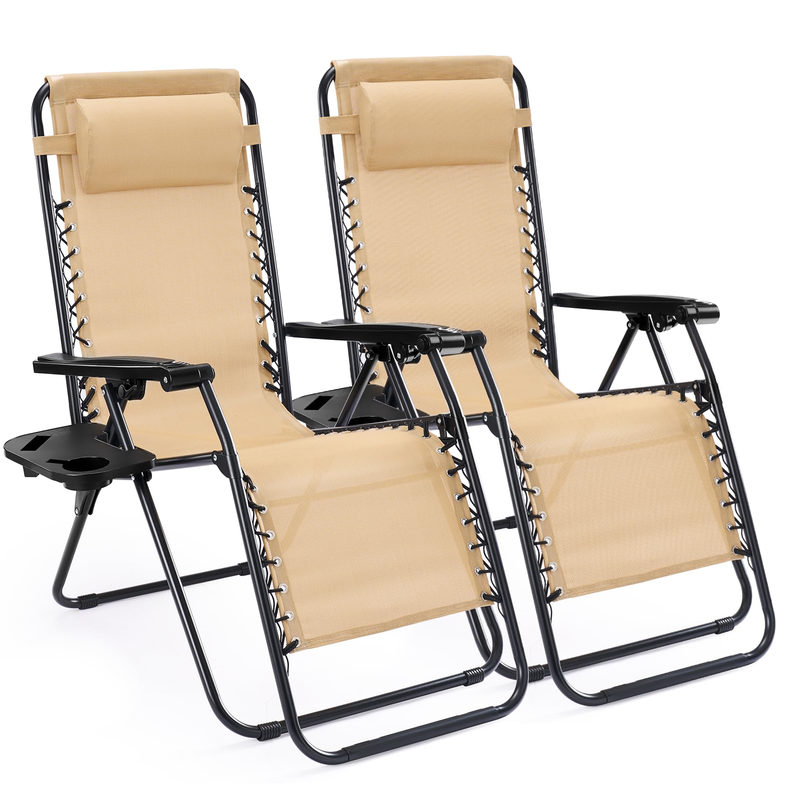 Sweetcrispy Zero Gravity Chairs, Set of 2 Portable Recliner Beach Camping Patio Outdoor Folding Lounge Chair with Cup Holder Trays and Adjustable Pillow for Poolside, Garden, Backyard, Lawn (Khaki) Image