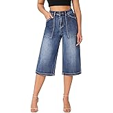 roswear Women’s Wide Leg Capri Pants Stretchy High Waisted Loose Denim Jeans