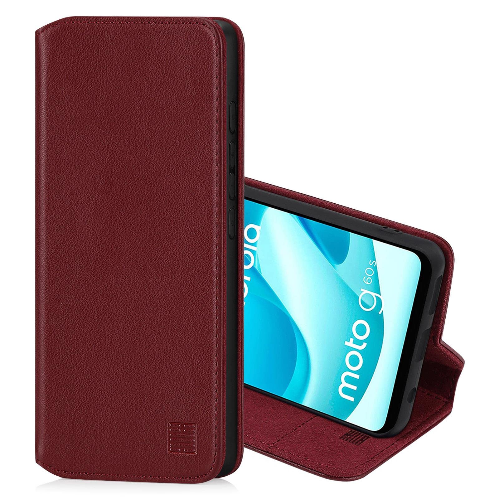 32nd Classic Series 2.0 - Real Leather Book Wallet Flip Case Cover For Motorola Moto G60S, Real Leather Design With Card Slot, Magnetic Closure and Built In Stand - Burgundy