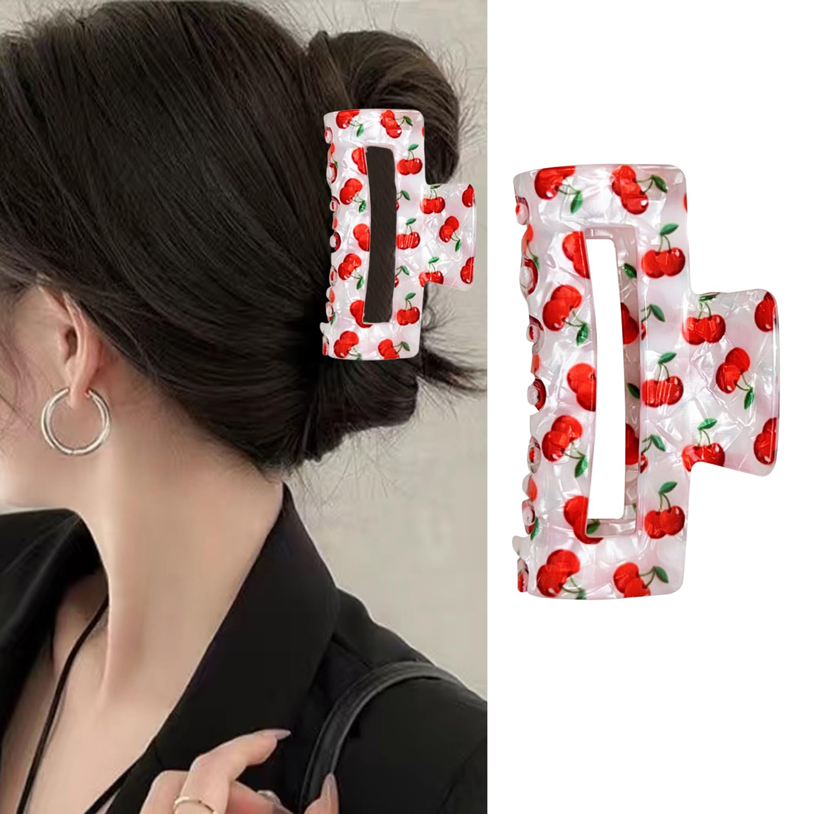 Photo 1 of 1 Pack Cherry Hair Claw Clips Acrylic Hair Clip Square Shape Non-Slip Hair Jaw Clip Cute Strong Hold Red Cherry Hair Catch Barrettes Fruit Hair Clamp Spring Summer Hair Accessories for Women Girls