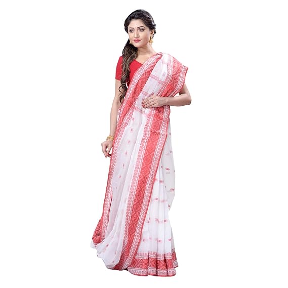 Women`s Traditional Bengal Tant Pure Handloom Cotton Saree Woven Kalkatara Design Without Blouse Piece (Red and White)
