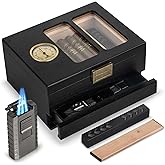 Usewire Cigar Humidor, Glass Top Cedar Wood Cedar Humidor Box, Cigar Case for 20-35 Cigars with Hygrometer and Multi-Function Cigar Lighter, Desktop Humidor, Gift for Humidor Cigar Box for Men
