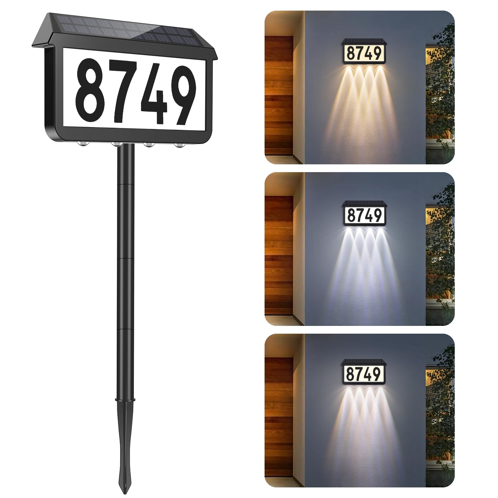 Photo 1 of Brightever Solar Address Signs, House Number for Outside Waterproof, 3-Color LED Illuminated Address Plaques with Stake, Wall Mounted Solar Powered Light Up Address Numbers for Houses, 1-Pack