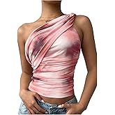 GORGLITTER Women's One Shoulder Asymmetrical Neck Going Out Tops Y2K Dressy Mesh Tie Dye Ruched Summer Crop Tank Tops