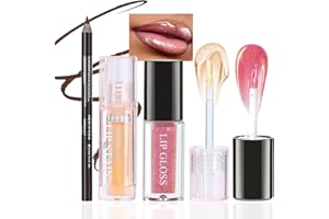 3 PCS Hydrating Shimmer Lip Gloss Lip Oil Combo with Brown Lip Liner Set, Glitter Lightweight Long-lasting Liquid Lipstick Li