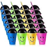Bokon 24 Pack Smile Face Sipper Cups with Lids and Straws for Kids 12 oz Reusable Plastic Kids Cups with Lids for School Events Birthday Party Supplies, 4 Random Colors
