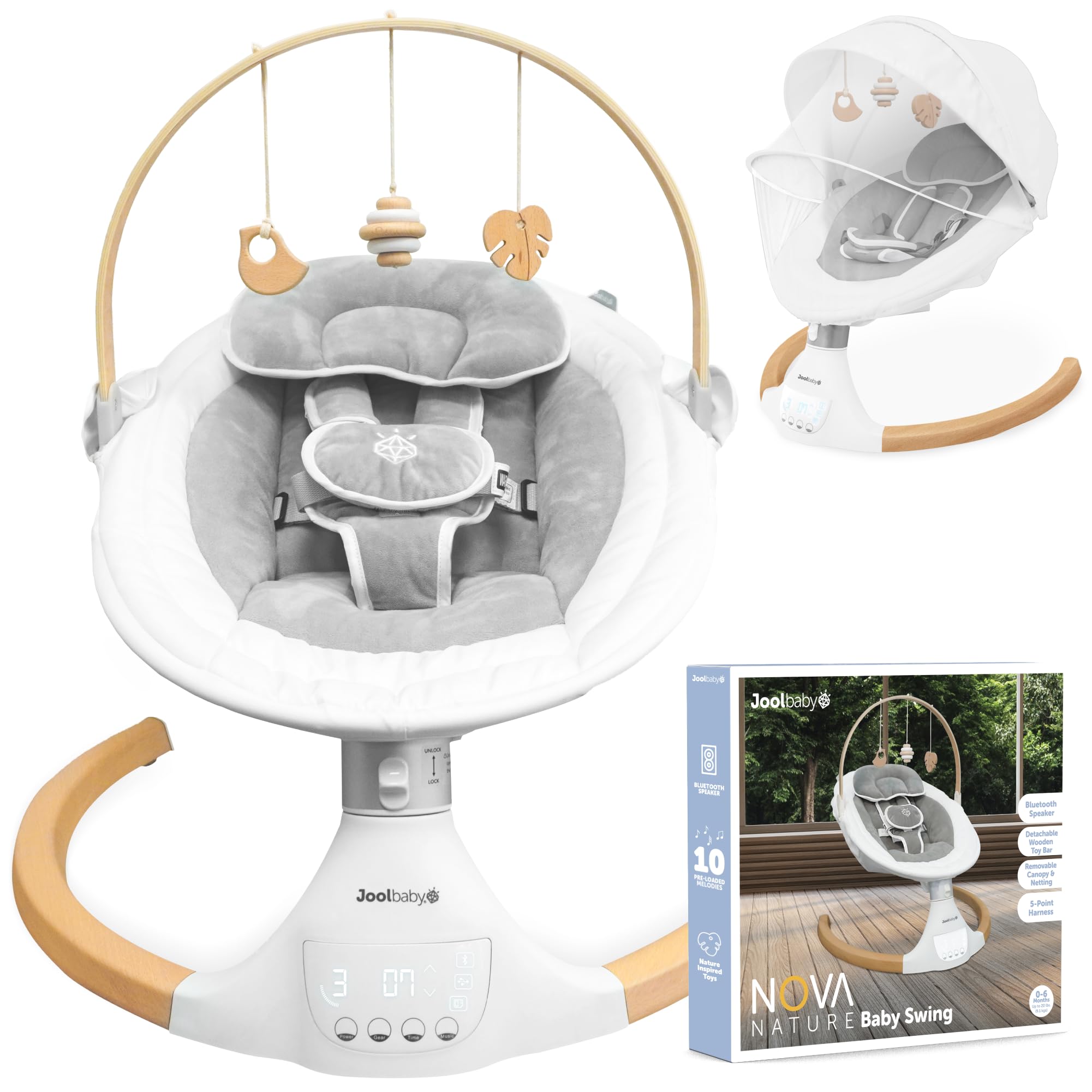 Jool Baby Nova Nature Baby Swing for Newborns with Natural Wood Toys, Electric Motorized Infant Swing, Bluetooth Music, Remote (Gray)