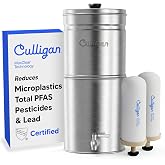Culligan MaxClear Gravity Water Filter System - Microplastics, Lead &amp; PFAS | IAPMO Certified | Portable &amp; Nesting | 2.25 Gallon | 2 Ceramic + Carbon Filters Included | Premium Brushed Stainless Steel
