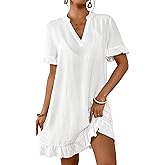 Bsubseach Womens Swimsuit Cover Up Shirt Ruffle Short Sleeve Bathing Suit Coverups V Neck Flowy Ruffled Beach Bikini Dress