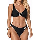 Leoparts Women’s Bikini Sets V Neck High Cut 2 Piece Swimsuit Tie Back Cheeky Bathing Suit with Metal Ring