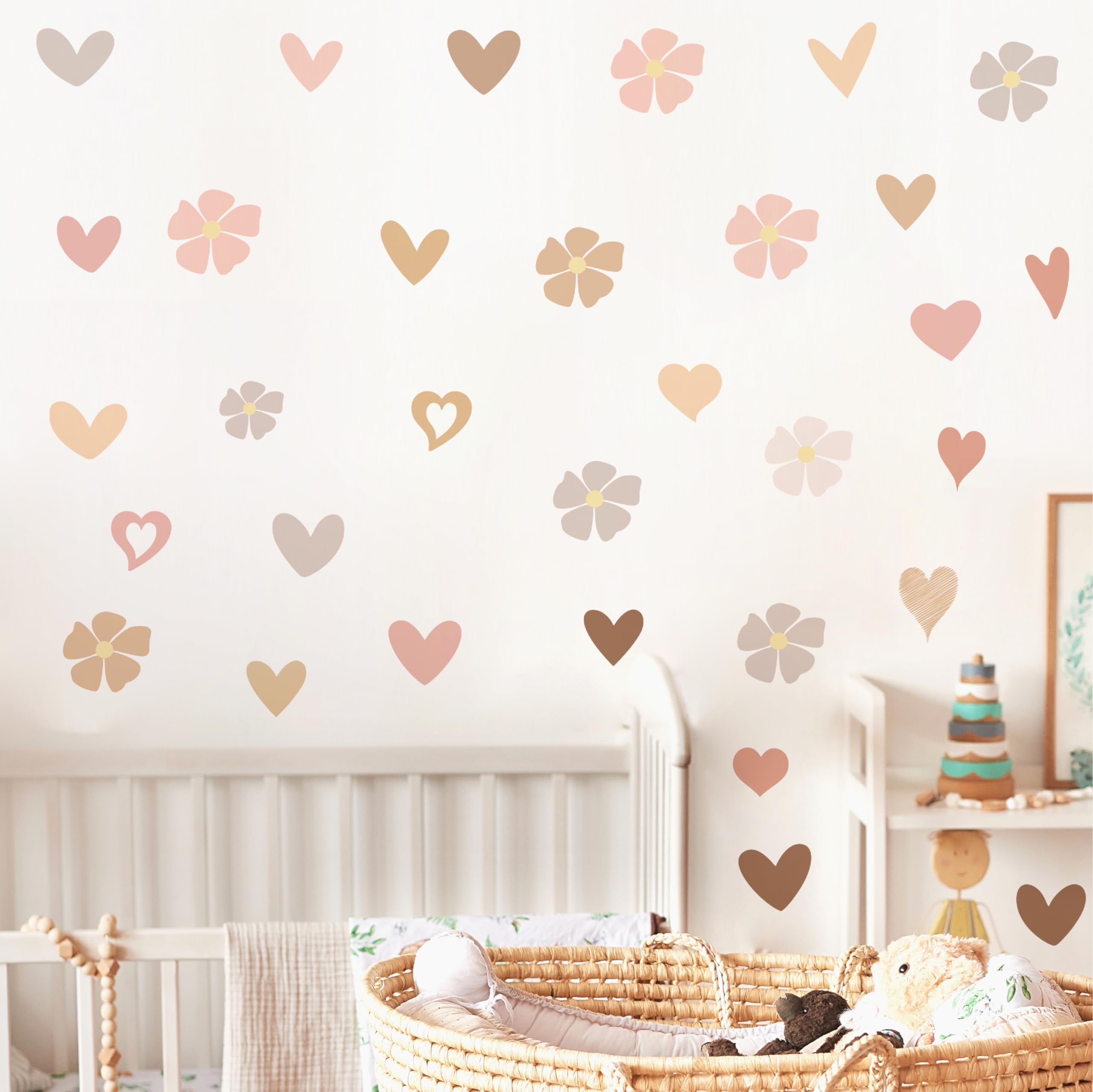 Baby Nursery Wall Stickers Colorful Flowers Wall Decals Pastel Hearts Wall Art Stickers Kids Girls Bedroom Decor Peel and Stick Pink Daisy Floral Wall Decal for Children Room Nursery Living Room Decor