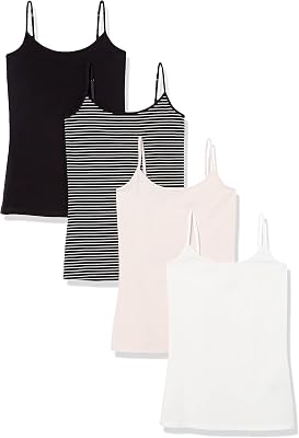 Camisola Ajustada para Mujer, Paquete de 4, Negro/Rosa pálido/Rayas/Blanco, Talla M
