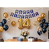 14th Birthday Decorations for Boys, Birthday Banner Number 14 Balloons Metallic Navy Blue Gold Confetti Latex Balloon for Boys Him Son 14 Years Old Birthday Decoration Supplies (14th)