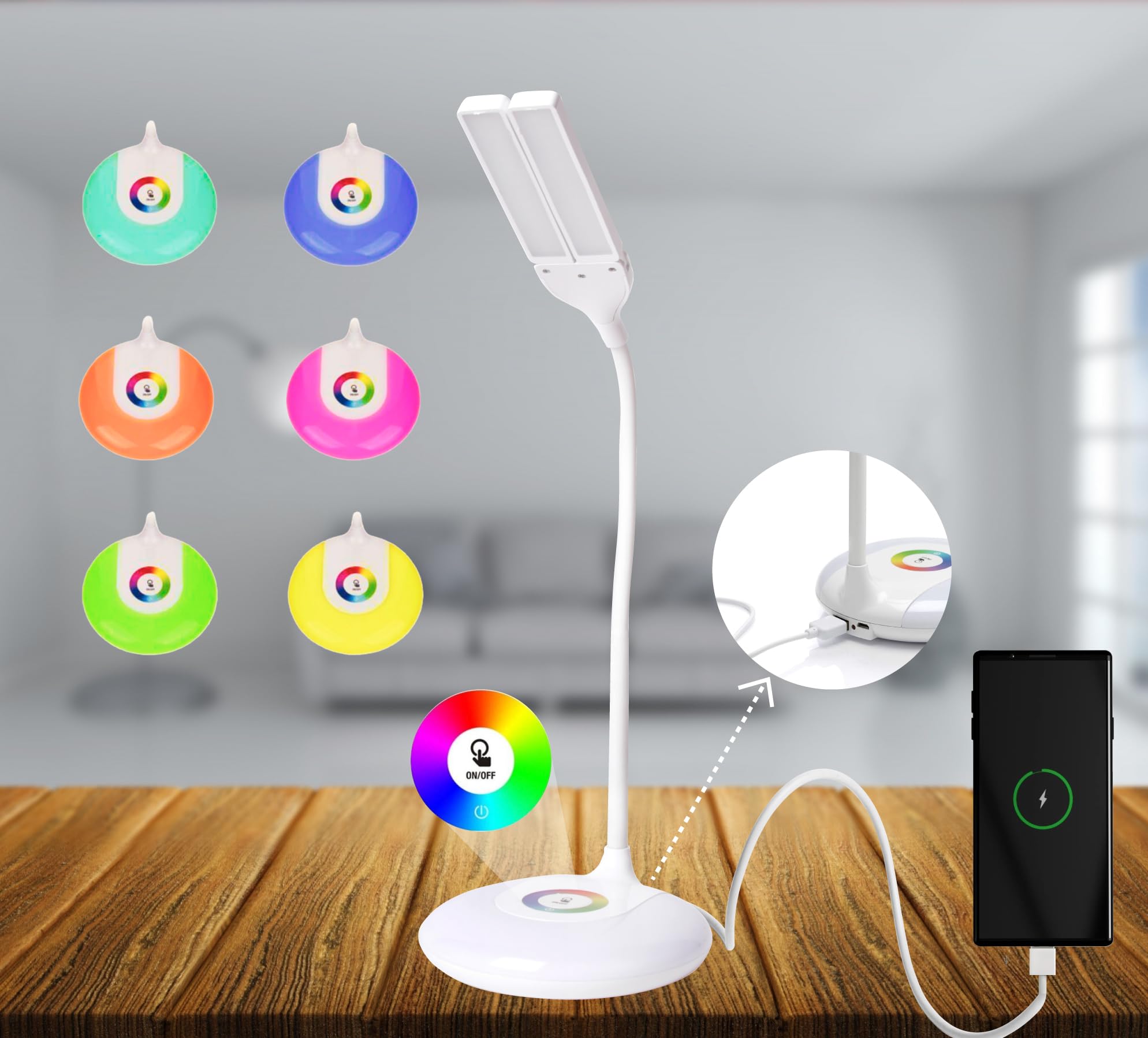 ONEGlobal MASLED Double-Head Rechargeable Desk Lamp with RGB Night Light | LED Table Lamp with Touch Controls, Dimming, Gooseneck, USB Charging