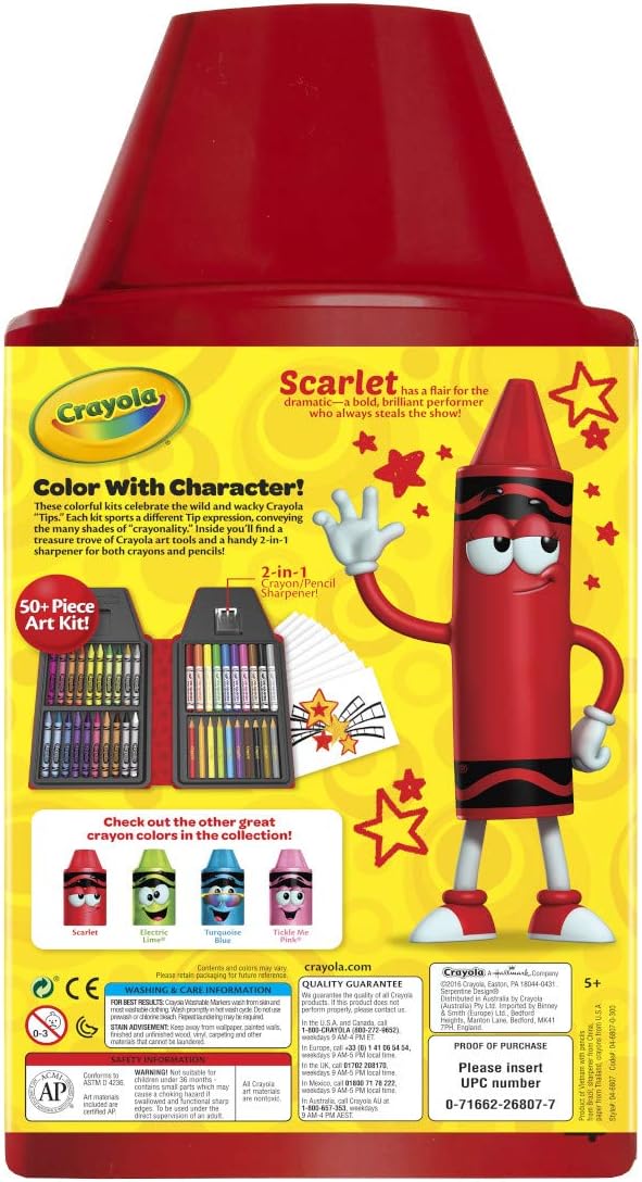 Crayola Tip 50 Piece Art Kit, Scarlet Art Gift for Kids 5 & Up, Includes Crayons, Pip-Squeaks Markers, Colored Pencils, Paper Sheets & Dual-Purpose Sharpener In Crayola Tip Character Travel Case: Toys & Games