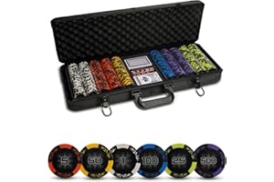 Tradeopia Casino Style Poker Chips Set with Aluminium Storage Case, Included Items - 1 Dealer Chip, 2 Playing Cards Deck, 5 R