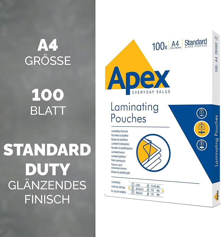 Apex A4 Laminierfolien, glänzende Oberfläche, 100 Blatt, Standard A4, Ideal für Fotos und Informationshinweise mit optimalem Kontrast