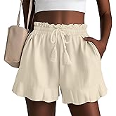Huukeay Women's Casual Linen Shorts High Waist Drawstring Lettuce Trim Summer Lightweight Flowy Shorts with Pockets