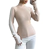 Verdusa Women's Striped Sweater Ribbed Knit Color Block Sweater High Neck Long Sleeve Fitted Pullovers