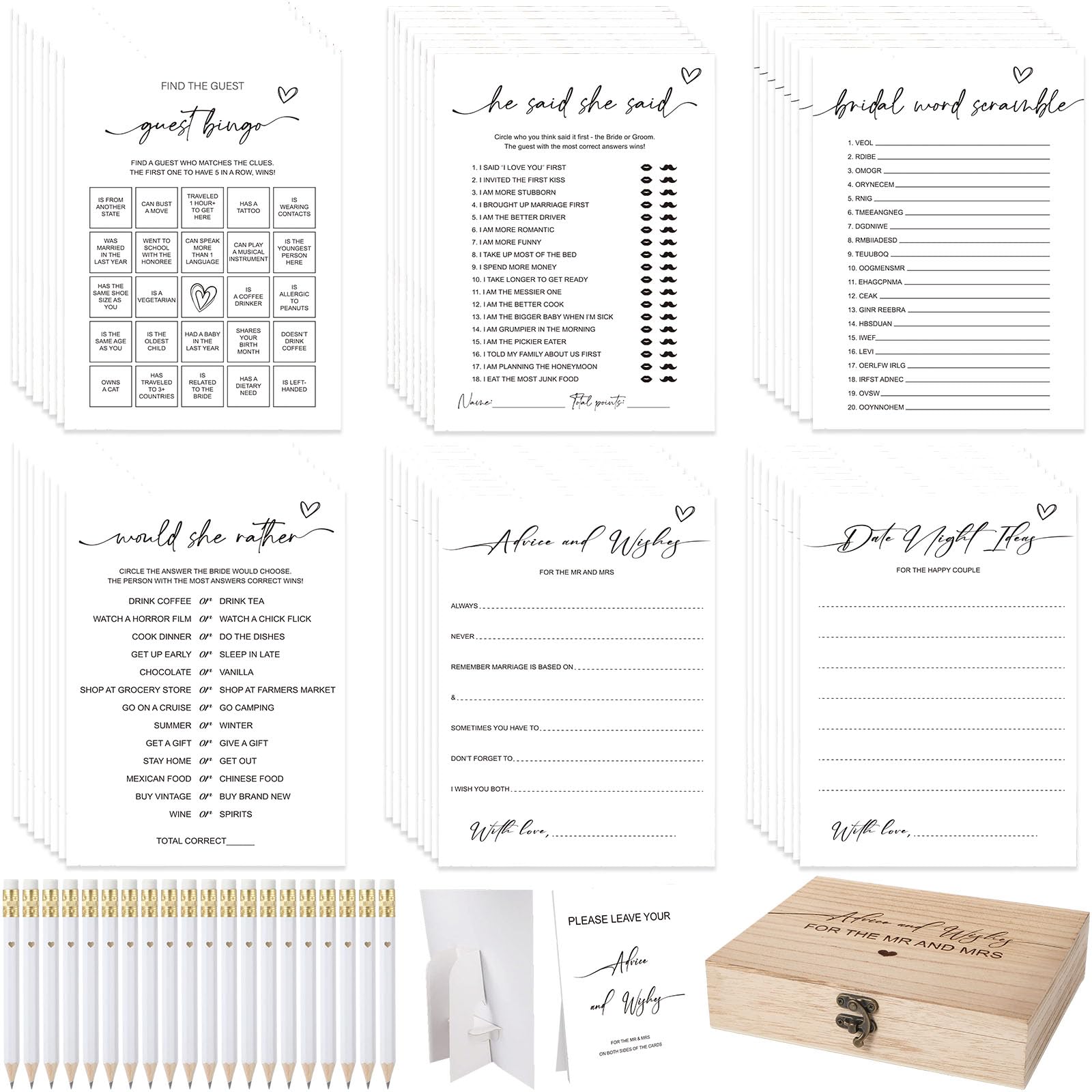 Photo 1 of Silipull Bridal Shower Games Set for 50 Guests Includes Bingo, He Said She Said, Scramble, Would She Rather, Advice and Wishes Wedding Games Double Sided with Wooden Box, 20 Pencils(Minimalist)