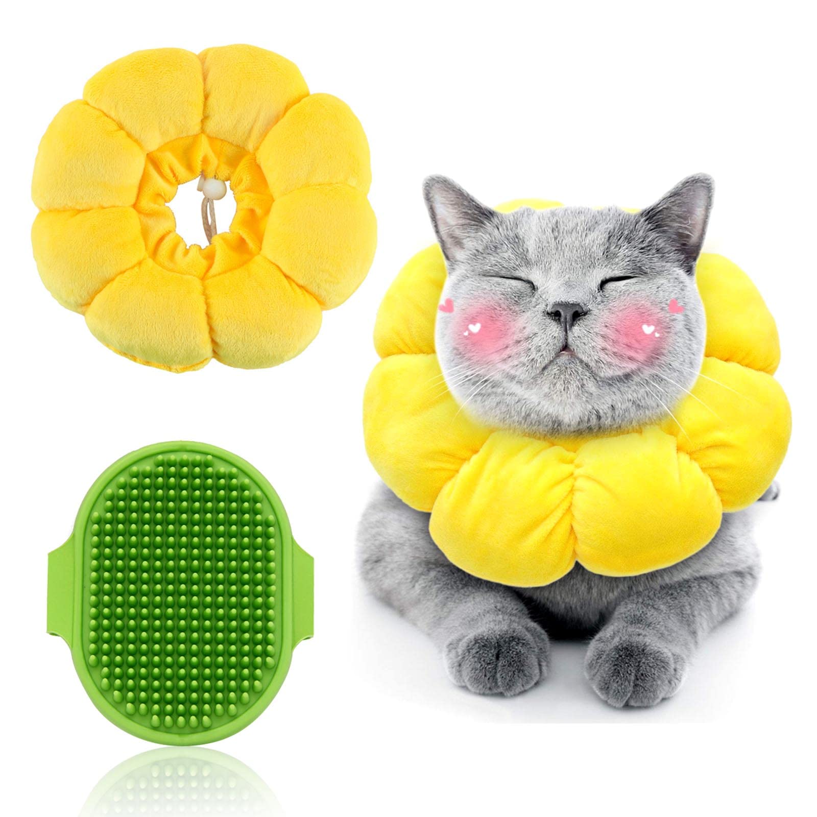 AWAVM 2-piece Cat Cone, Adjustable Sunflower Cat Collar, Recovery Collar, Dog Collar, Anti Licking and Anti Scratching Collar, Pet Shower Massage Brush, Pet Supplies