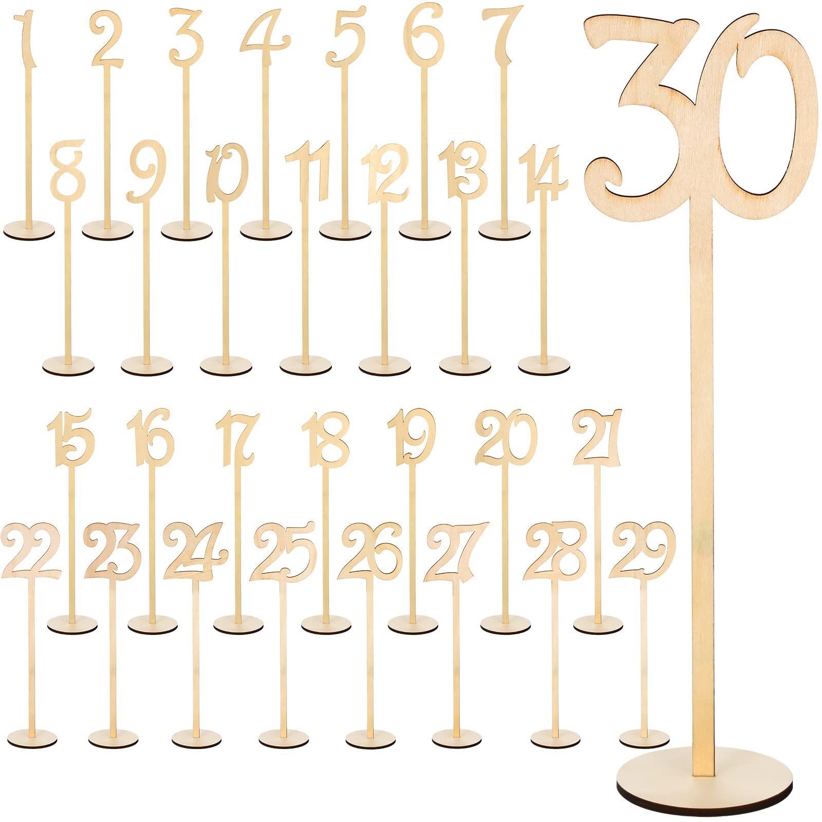 Photo 1 of 30 Pcs Wood Table Numbers Wedding 1-30 for Reception Stands Seat Table Numbers with Holder Base for Wedding Party Event Catering(Wood Color)