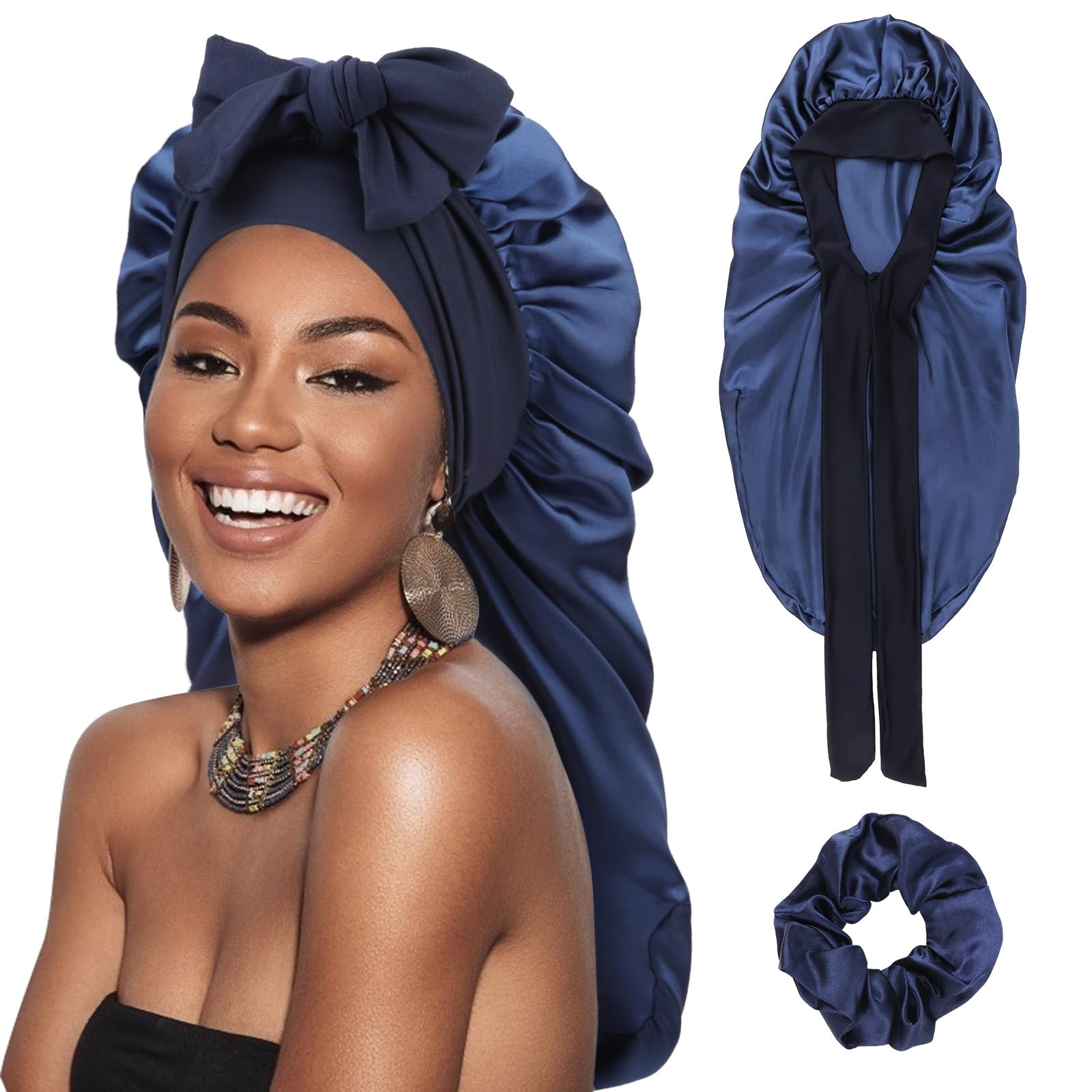 DRESHOW Long Satin Braid Bonnet for Women Silk Bonnet for Sleeping Sleep Cap with Elastic Tie Band Night Cap for Long Curly Hair Locs