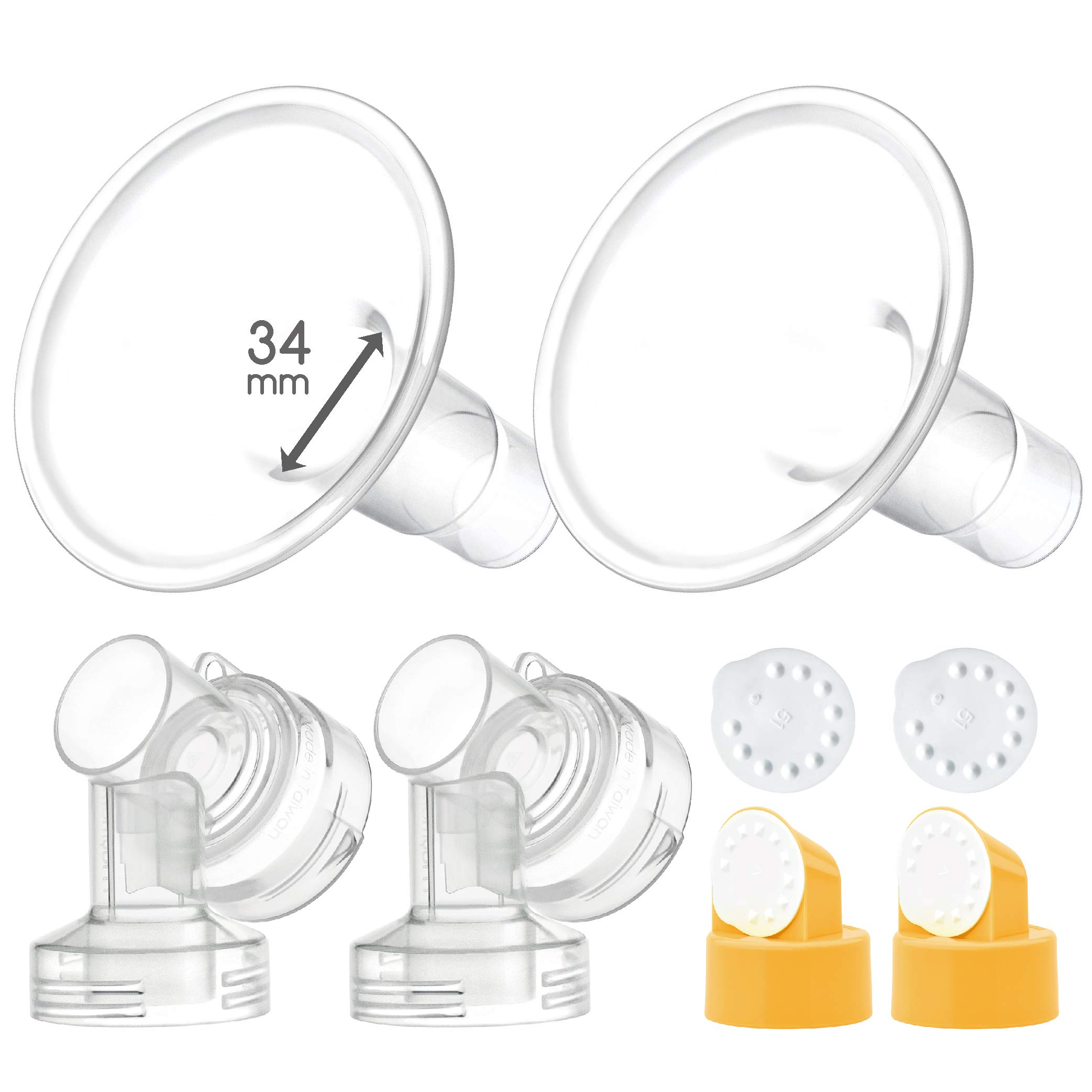 Maymom 34 mm 2X Two-Piece Breastshield, 2X Base Connector w/Valve and Membrane Compatible with Medela Breast Pumps; X-Large Shield