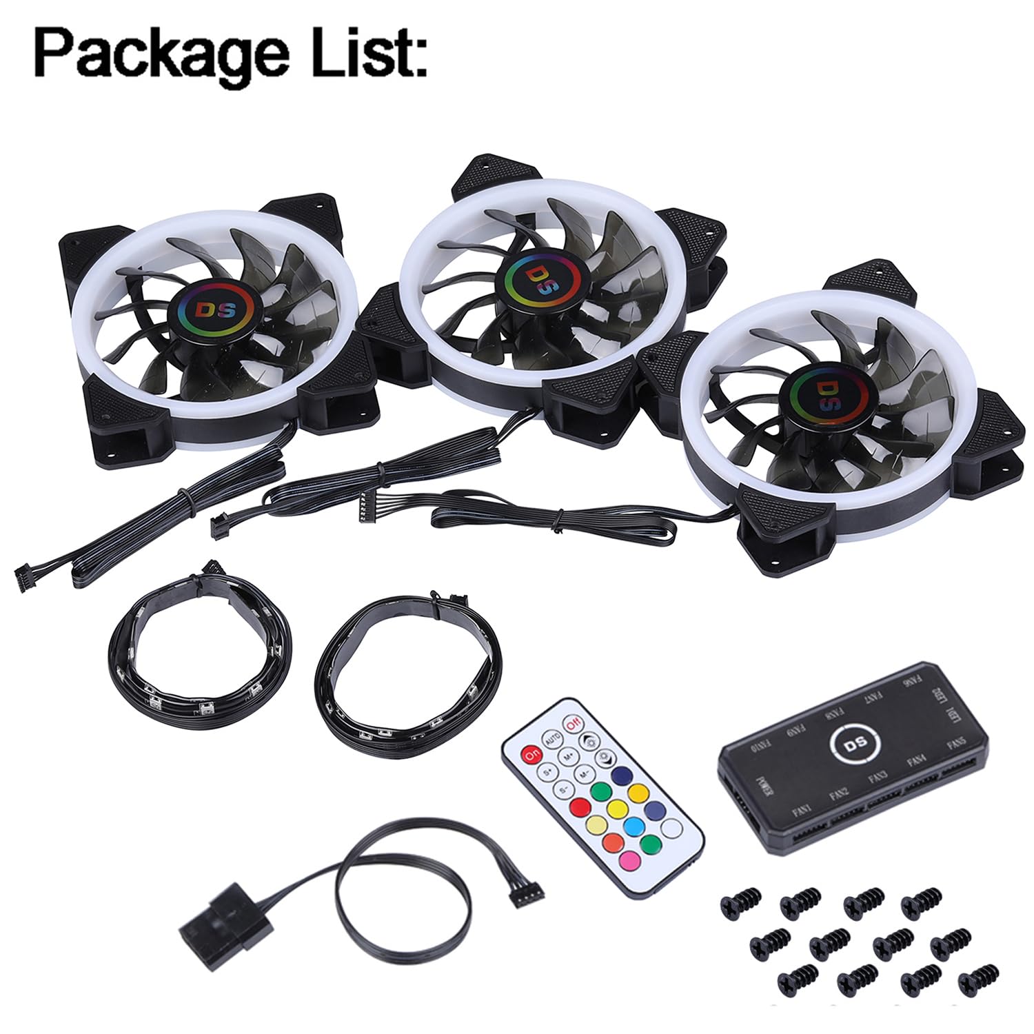 DS 120MM Ring RGB Case Fans with Controller for PC Cases, Computer Case ATX Full Tower, Middle Tower (LED Fans 3PACK Kit, 2PACK LED Strip, 1st GEN Hub Box, A Series)