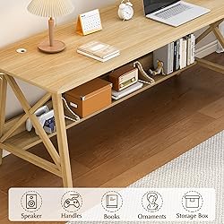 NELYE Extra Long Desk with Bookshelf - Solid Wood