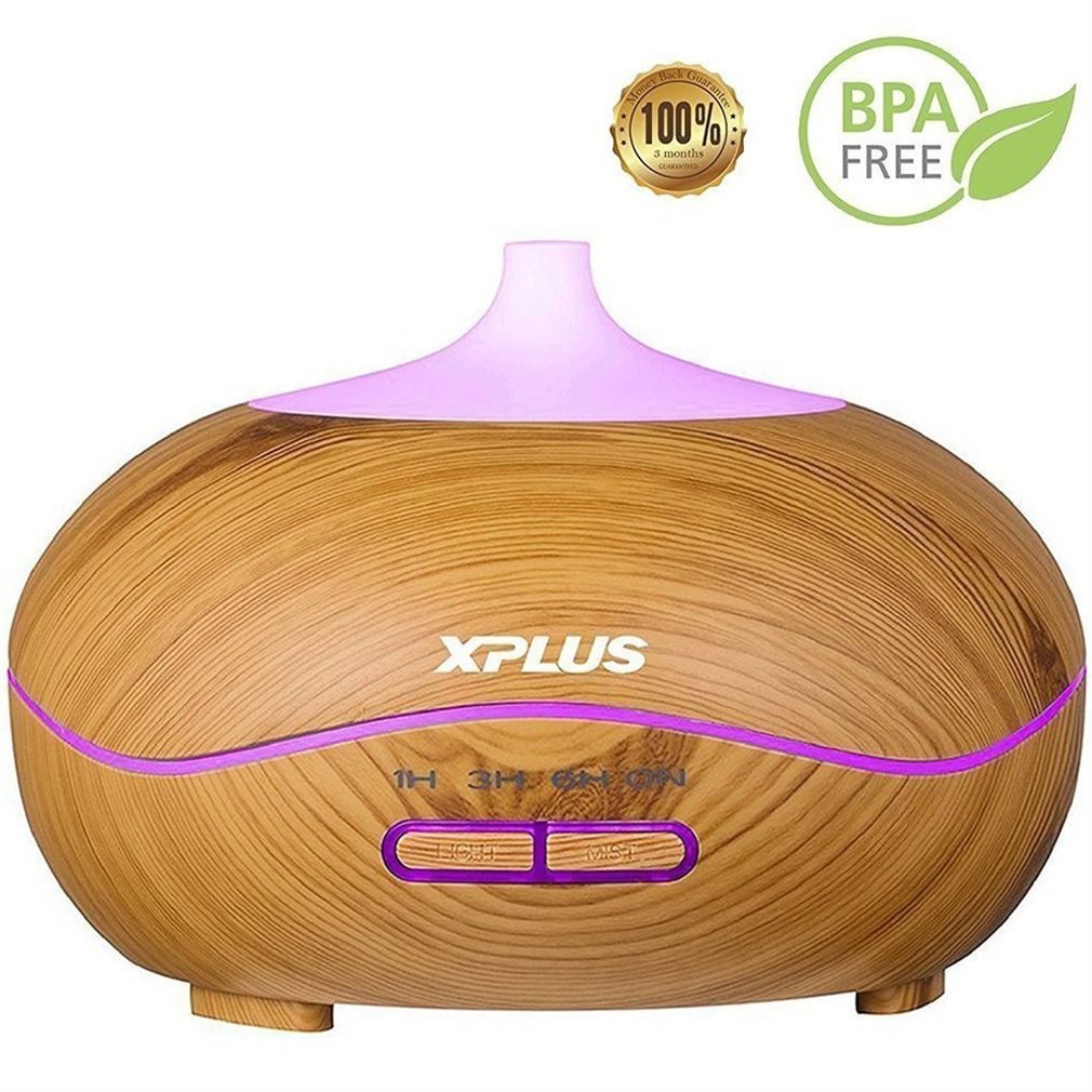 XPLUS 300ml Aroma Essential Oil Diffuser, Wave Design Wood Grain Ultrasonic Cool Mist Humidifier for Office Home Bedroom Living Room Study Yoga Spa Black (Wood)