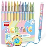 Guangna 12 Macaron Acrylic Paint Markers, Brush Tip Acrylic Paint Pens for Pumpkin Paint, Rock Painting, Wood, Glass, Paper, Coloring Book, Ceramic, Canvas, Water-Based Ink