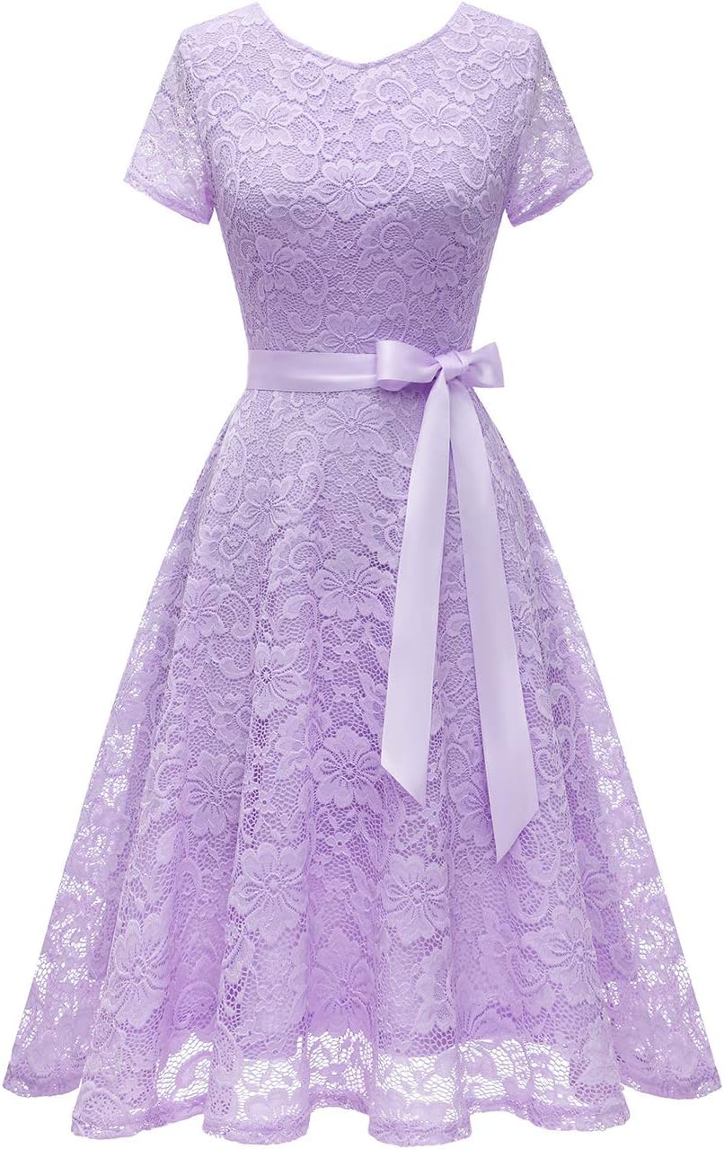 Bridesmay Women's Floral Lace Short Sleeve Lace Dress for Cocktail Party Wedding Bride Bridesmaid