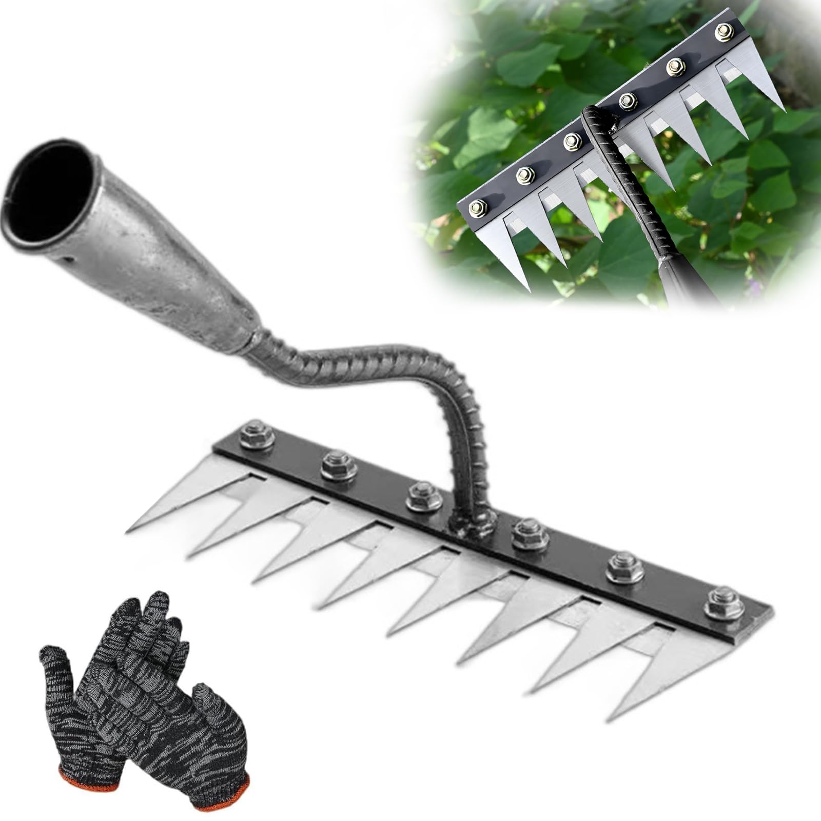Photo 1 of 2025 Iron Weeding Rake 2.0, Iron Rake for Gardening and Weeding's, Heavy Duty Gardening Hand Weed Puller Tools, 8 Teeth Carbon Steel Garden Weeding's Rakes for Lawn Care – Bonus Gloves Included