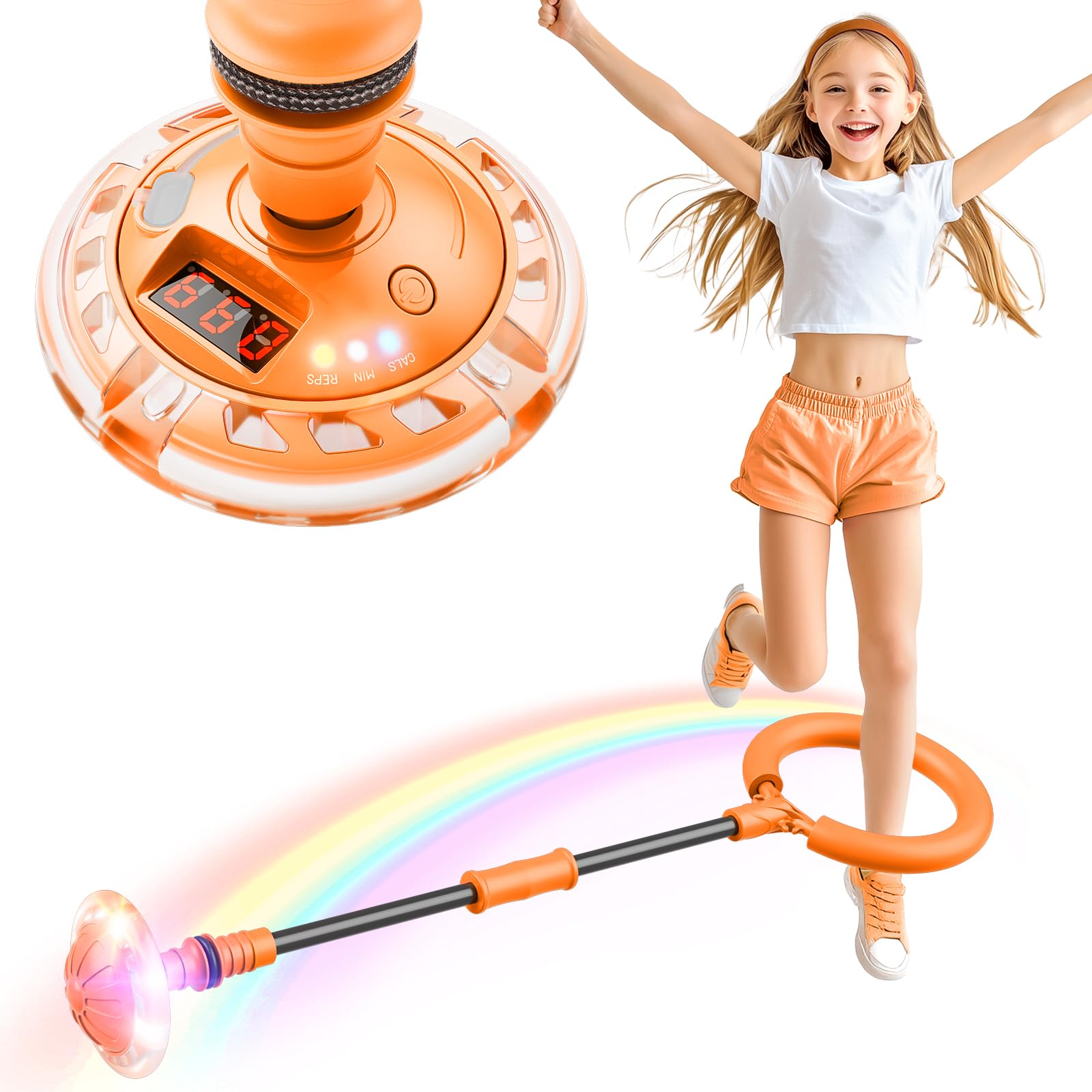 Hot Bee Ankle Skip Ball for Kids with Counter, Timer, Cal Calculator, Girl Birthday Gifts for Age 5 6 7 8 9 10+, Rechargeable Foldable Sports Toy Skip it Toy for Kids Xmas Present Orange