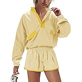 LAMISSCHE Womens Workout Sets Long Sleeve Shorts Sets(Light Yellow,S)