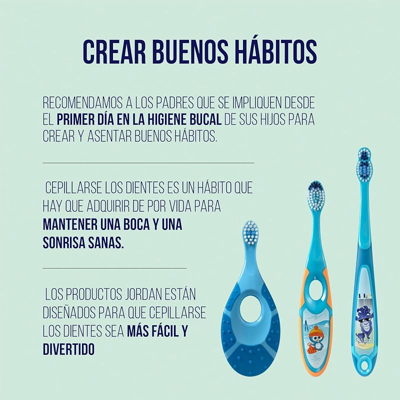 Jordan ® | Step 1 | Cepillo de dientes para bebé 0-2 años | Original con cerdas extra suaves, anillo de mordida suave para encías y fácil agarre | Pack 2 Unidades | Multicolor